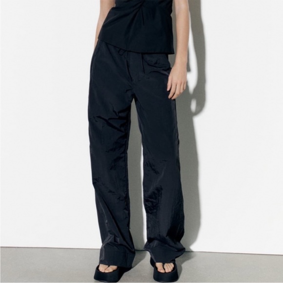 Zara Mid-Rise Nylon Pajama Pants Sz:S Black NWT - Picture 2 of 9